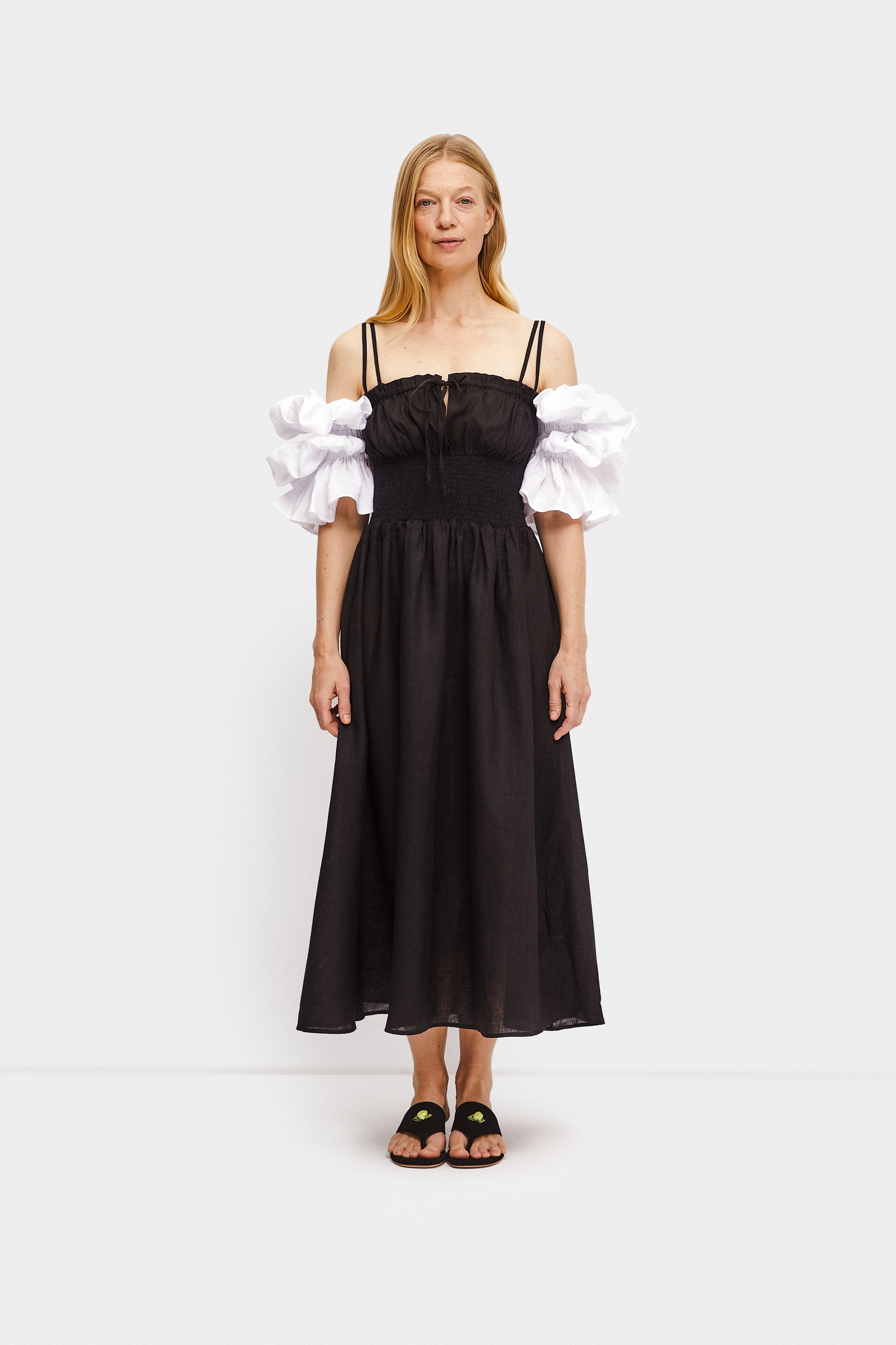 Arle Ruffled Linen Maxi Dress in Black