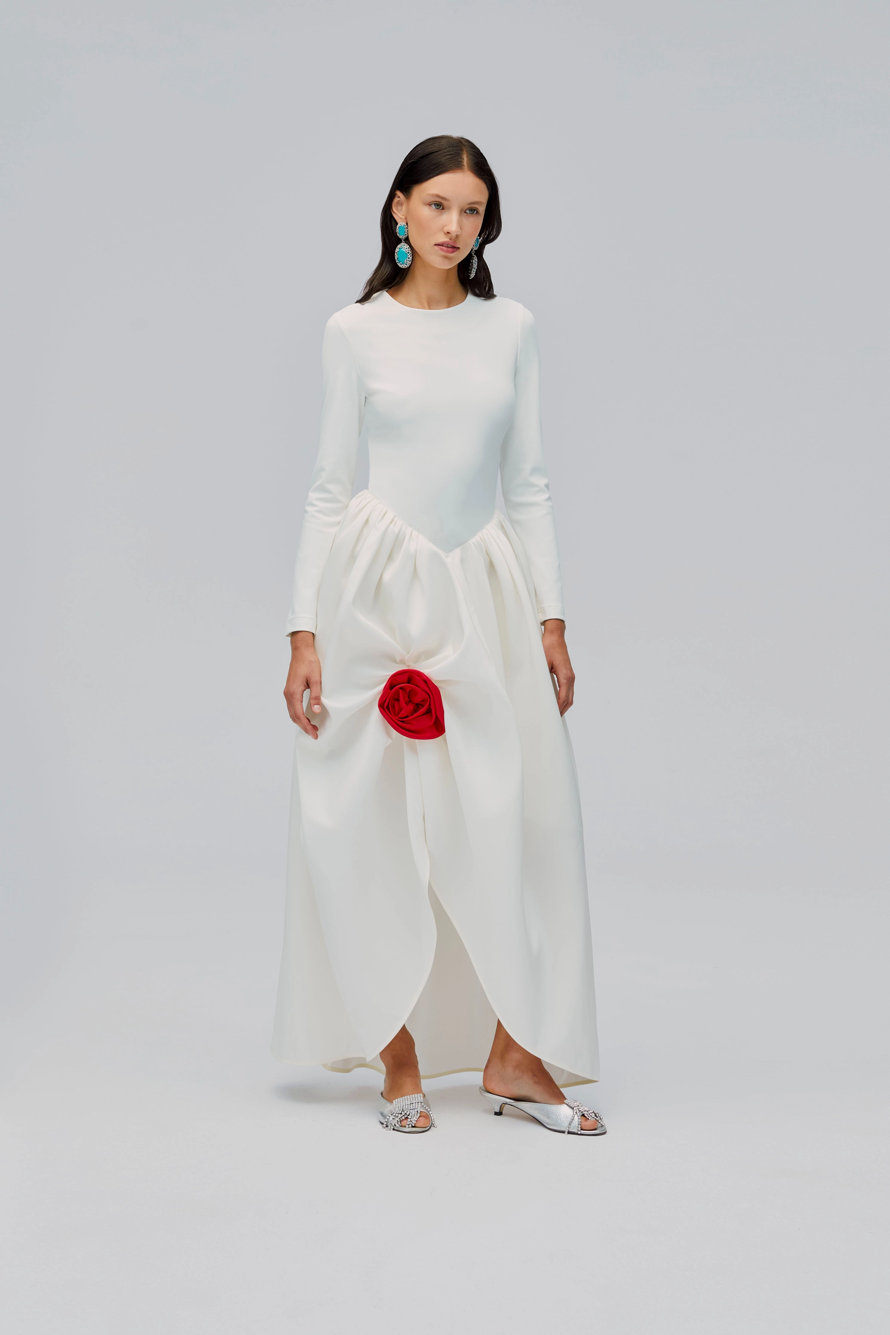 Aurora Maxi Dress in White With Red Rose