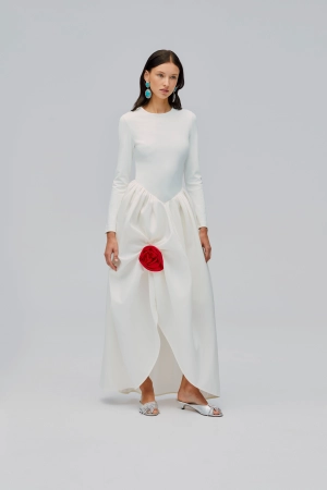 Aurora Maxi Dress in White With Red Rose