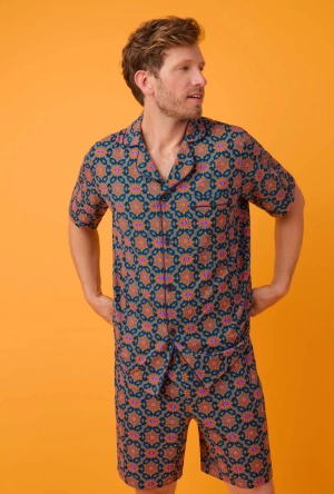 BedHead x Mr. Turk Navy Royal Foulard Men's Short Sleeve Notch Stretch Jersey Short PJ Set