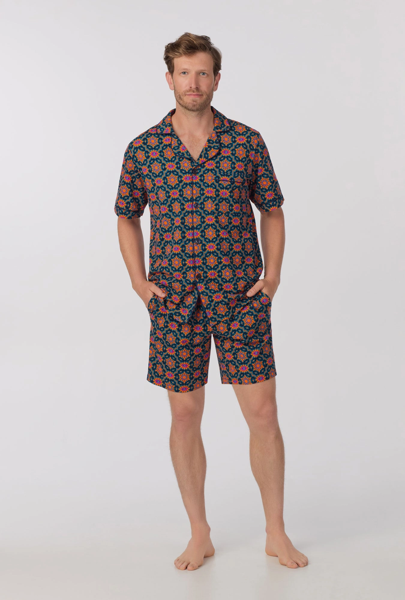BedHead x Mr. Turk Navy Royal Foulard Men's Short Sleeve Notch Stretch Jersey Short PJ Set