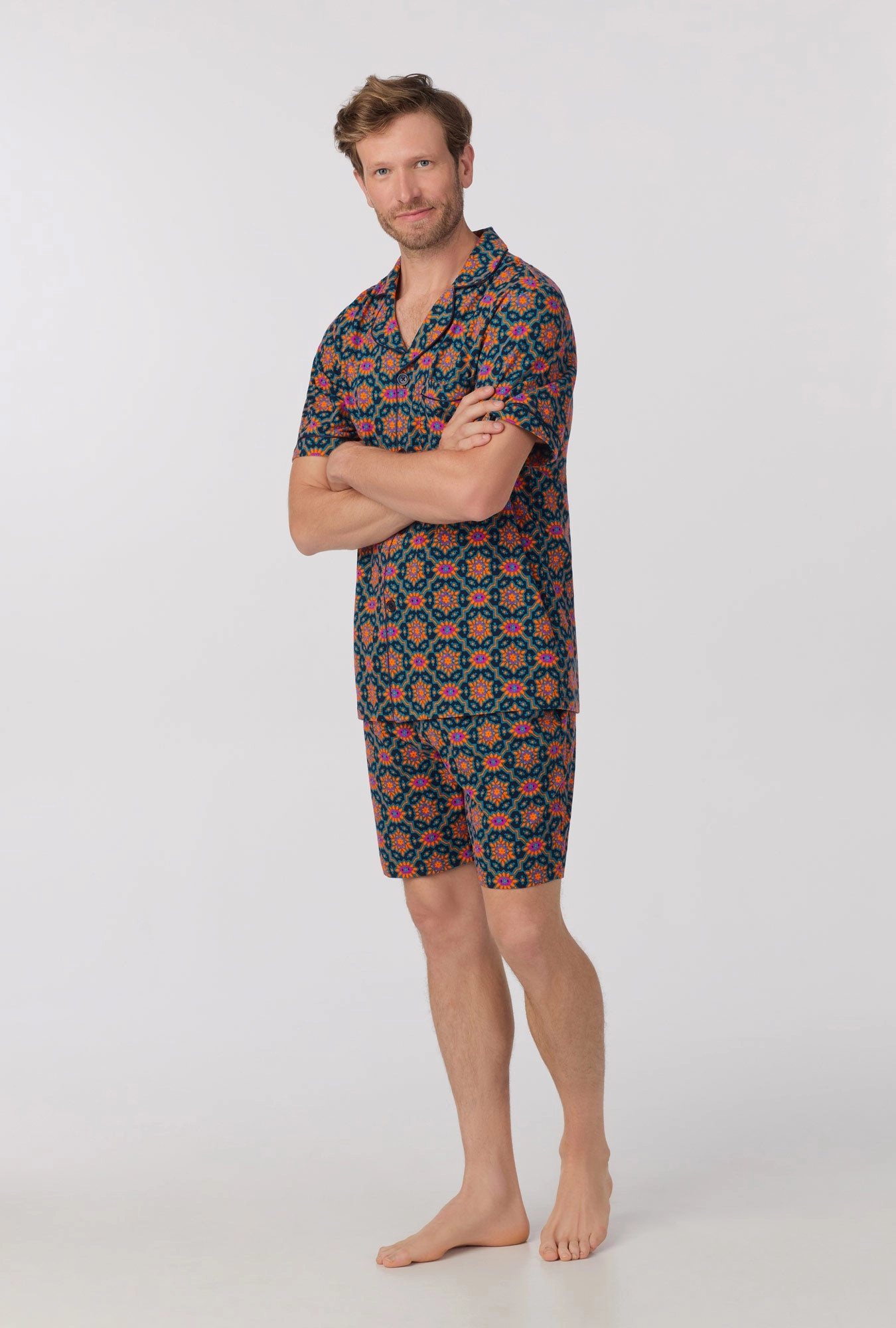 BedHead x Mr. Turk Navy Royal Foulard Men's Short Sleeve Notch Stretch Jersey Short PJ Set