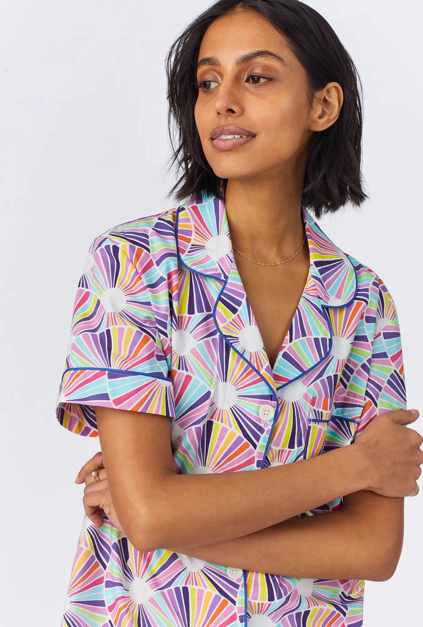 BedHead x Trina Turk Fanfare Short Sleeve Classic Woven Cotton Poplin Shorty PJ Set