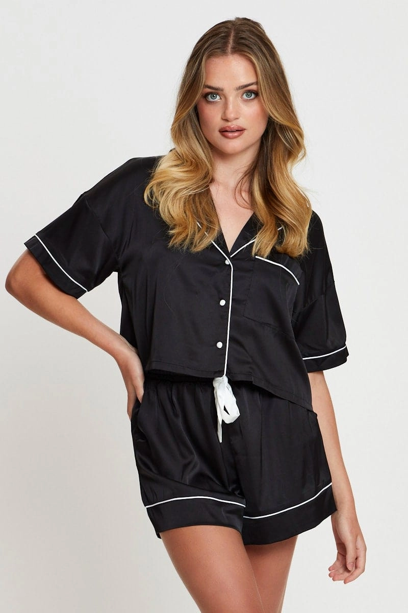 Black Crop Pajamas Set Short Sleeve