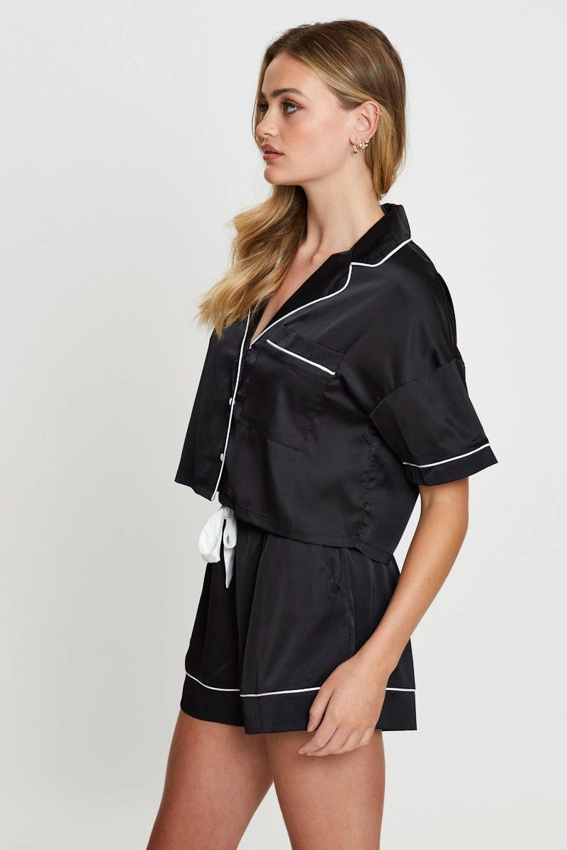 Black Crop Pajamas Set Short Sleeve