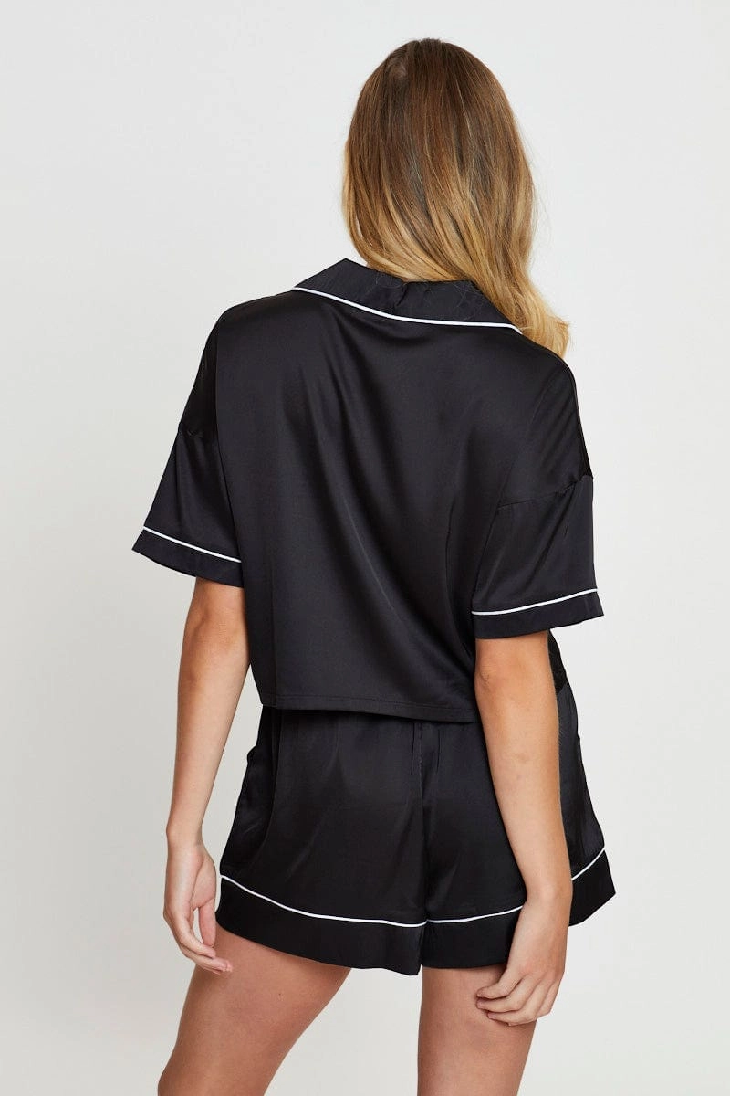 Black Crop Pajamas Set Short Sleeve