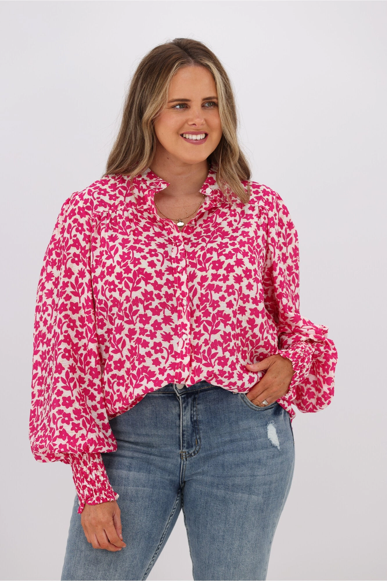 Fria Jessica Floral Shirring Puff Sleeve Blouse Pink