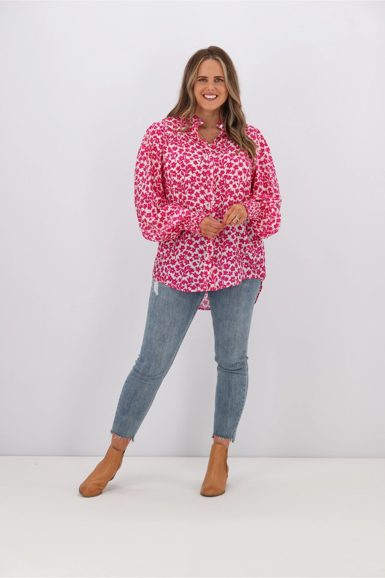 Fria Jessica Floral Shirring Puff Sleeve Blouse Pink