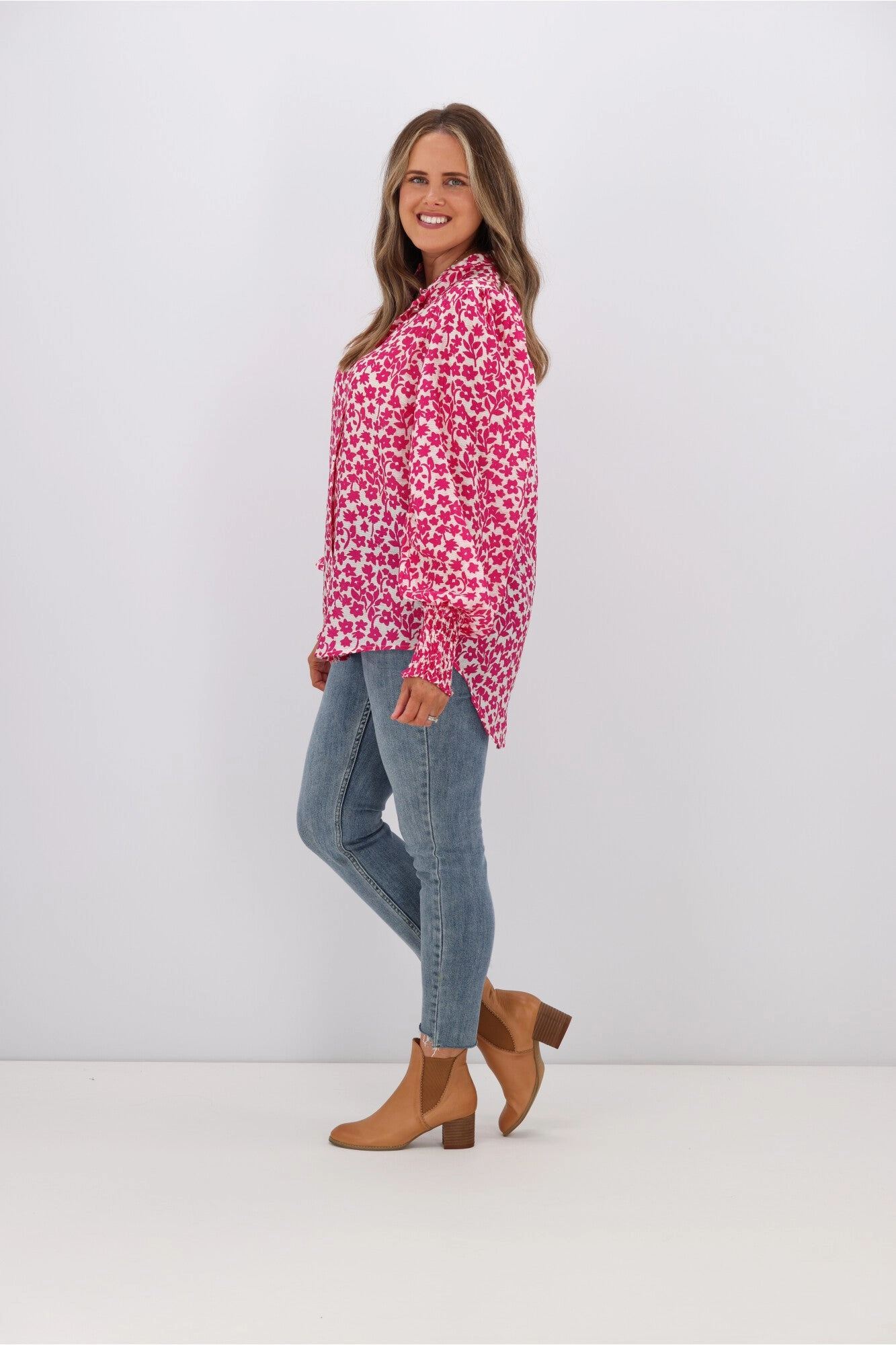 Fria Jessica Floral Shirring Puff Sleeve Blouse Pink