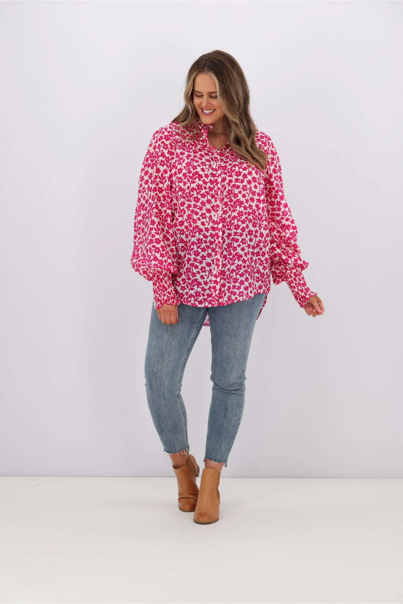 Fria Jessica Floral Shirring Puff Sleeve Blouse Pink