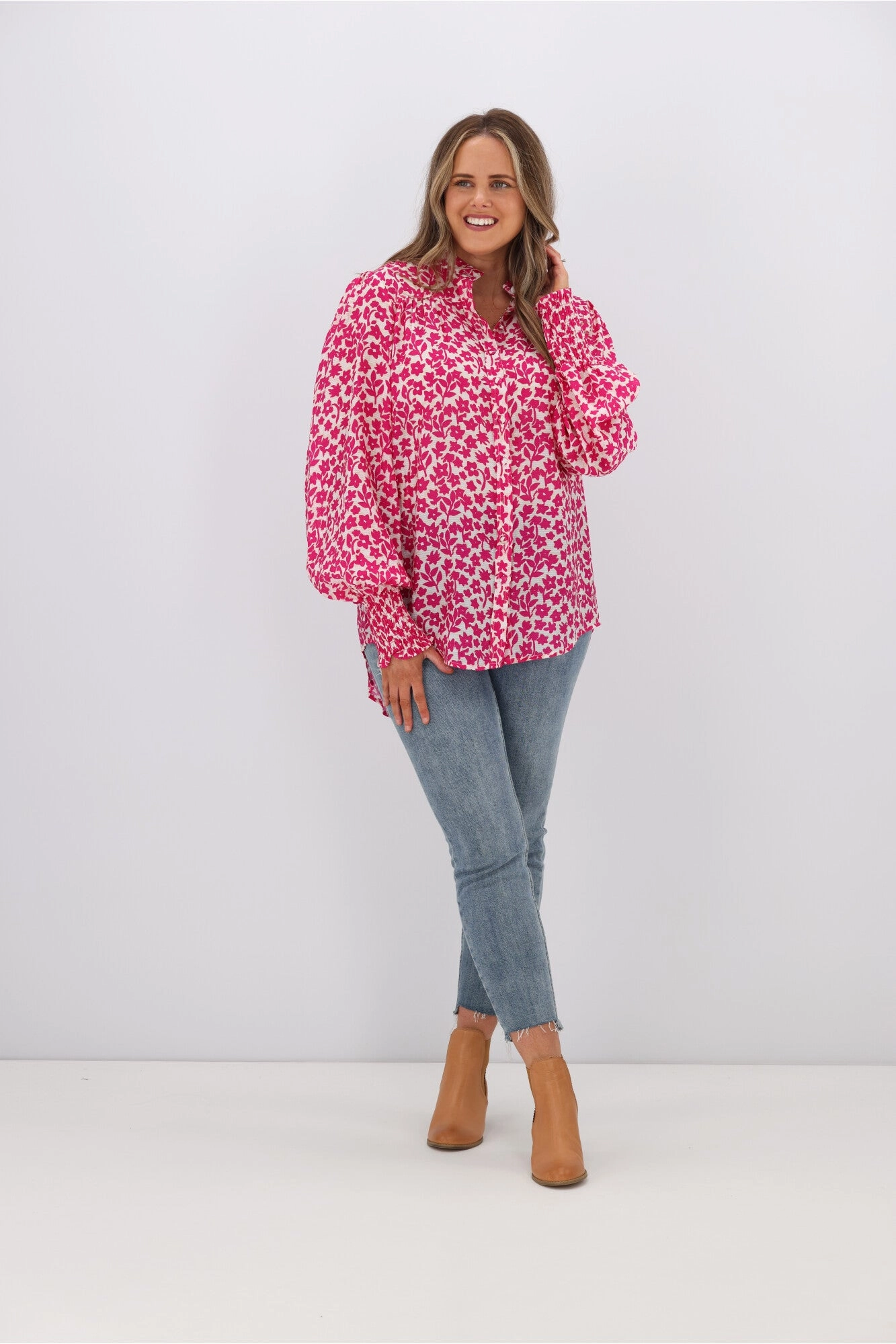 Fria Jessica Floral Shirring Puff Sleeve Blouse Pink