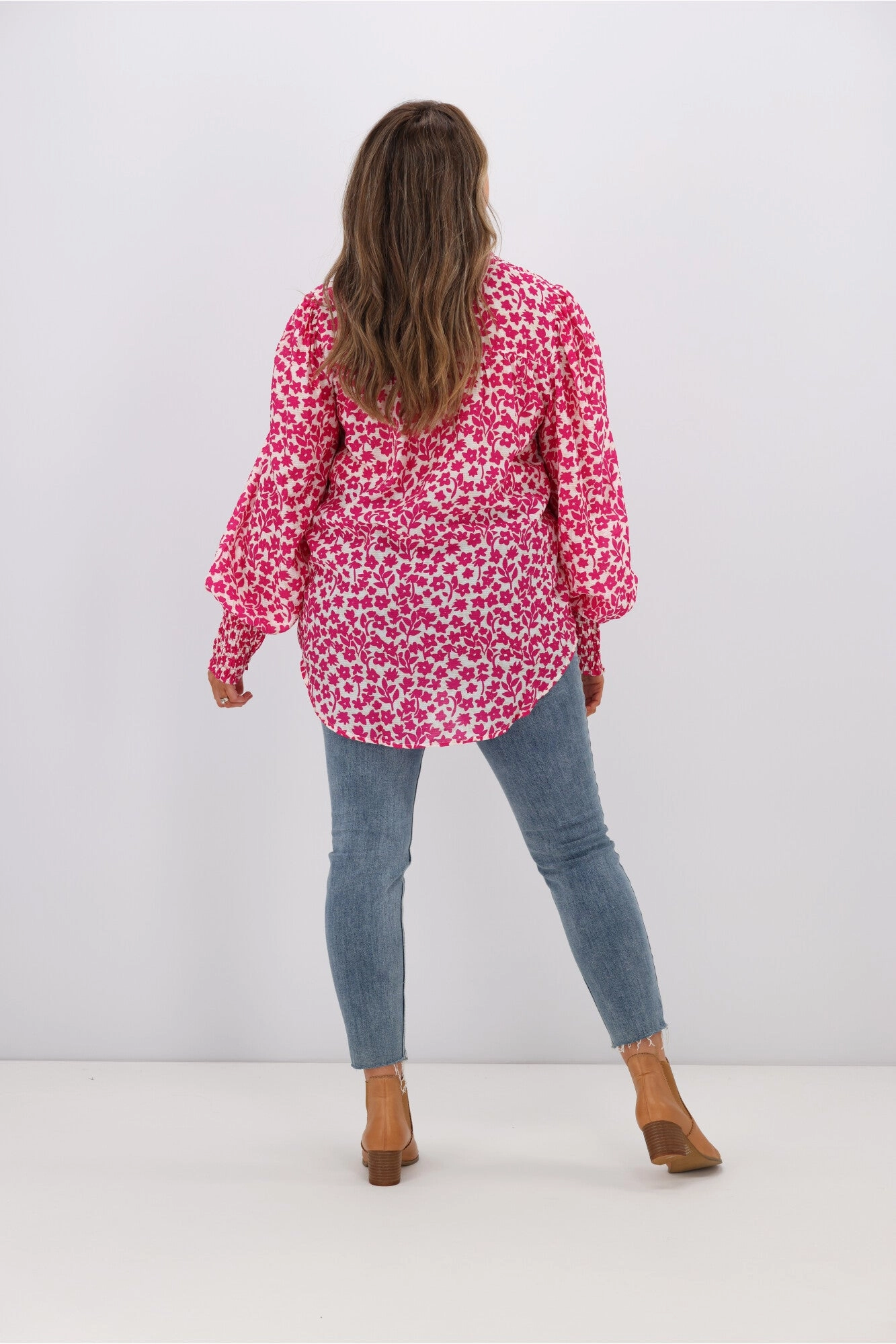 Fria Jessica Floral Shirring Puff Sleeve Blouse Pink