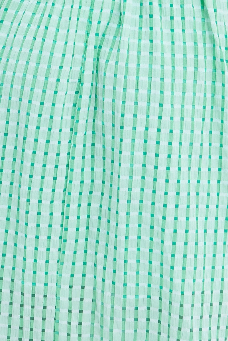 Green Check Check Puff Sleeve Midi Dress