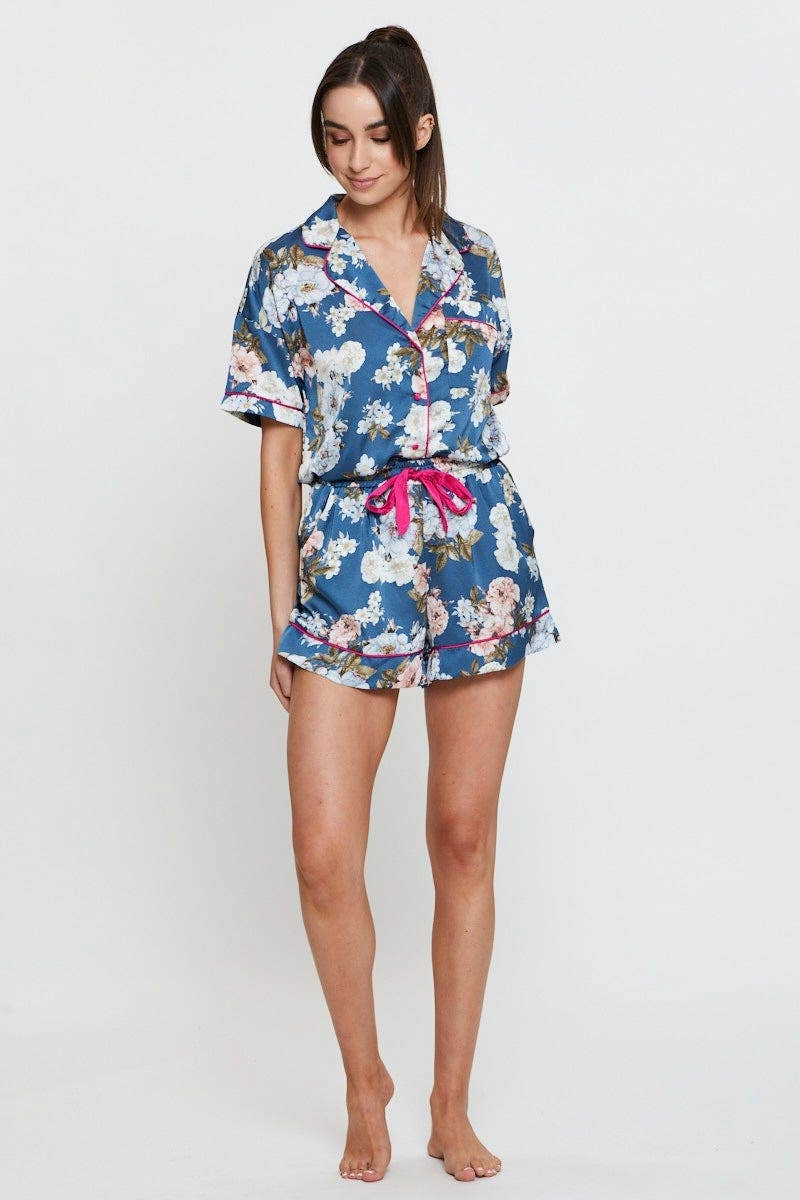 Green Print Contrast Piping Pajamas Set Satin