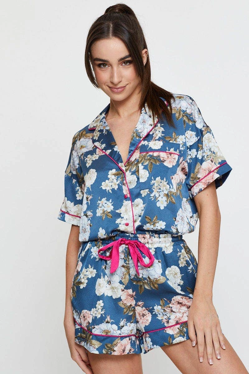 Green Print Contrast Piping Pajamas Set Satin