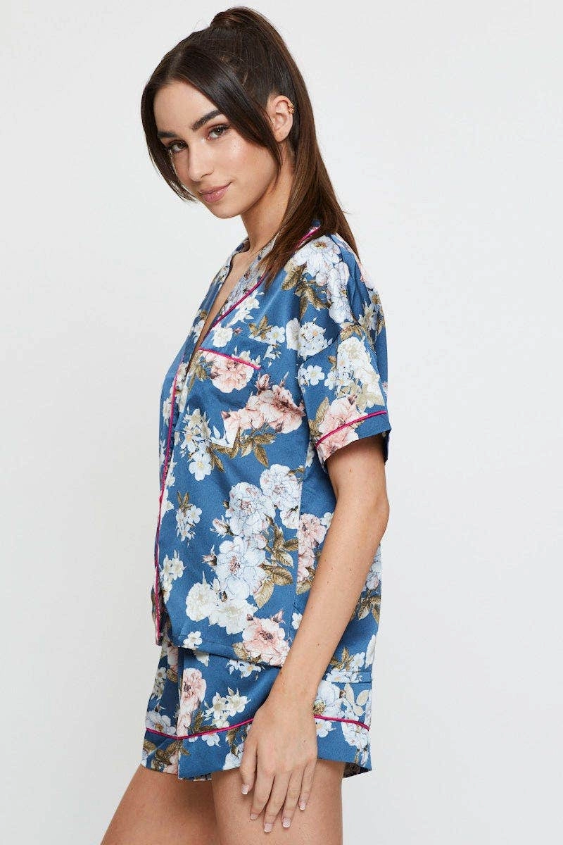 Green Print Contrast Piping Pajamas Set Satin