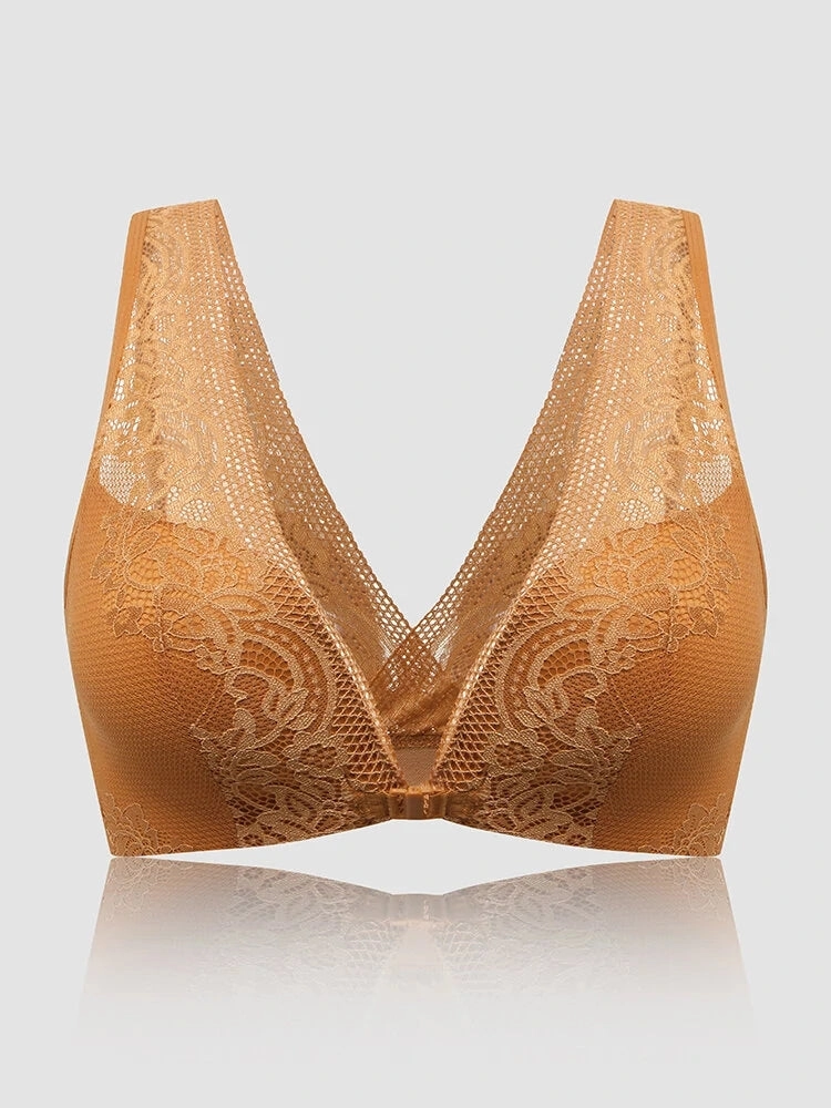Lace V-Neck Beauty Back Front Closure Support Bra