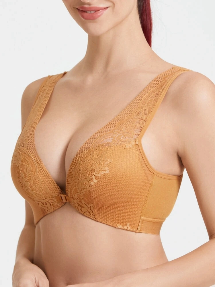 Lace V-Neck Beauty Back Front Closure Support Bra