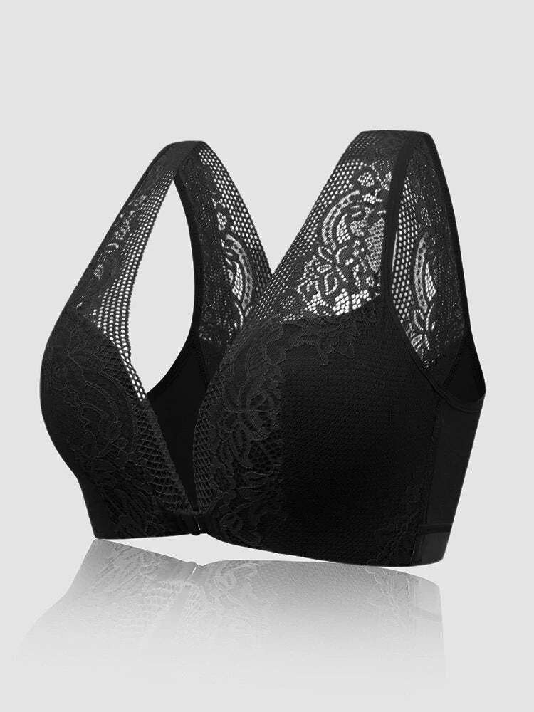 Lace V-Neck Beauty Back Front Closure Support Bra