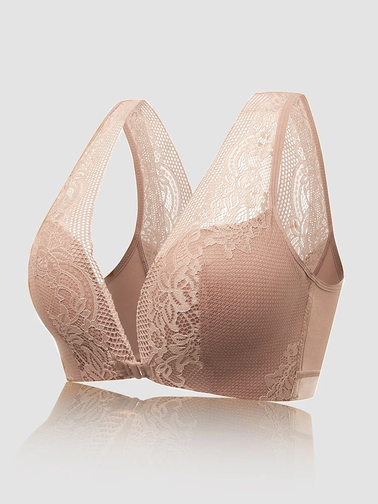 Lace V-Neck Beauty Back Front Closure Support Bra