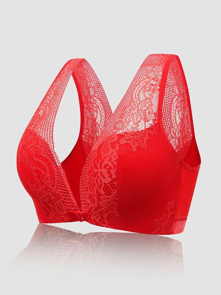 Lace V-Neck Beauty Back Front Closure Support Bra