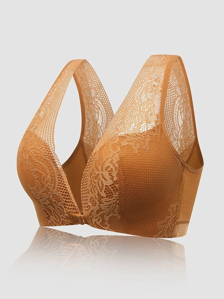Lace V-Neck Beauty Back Front Closure Support Bra