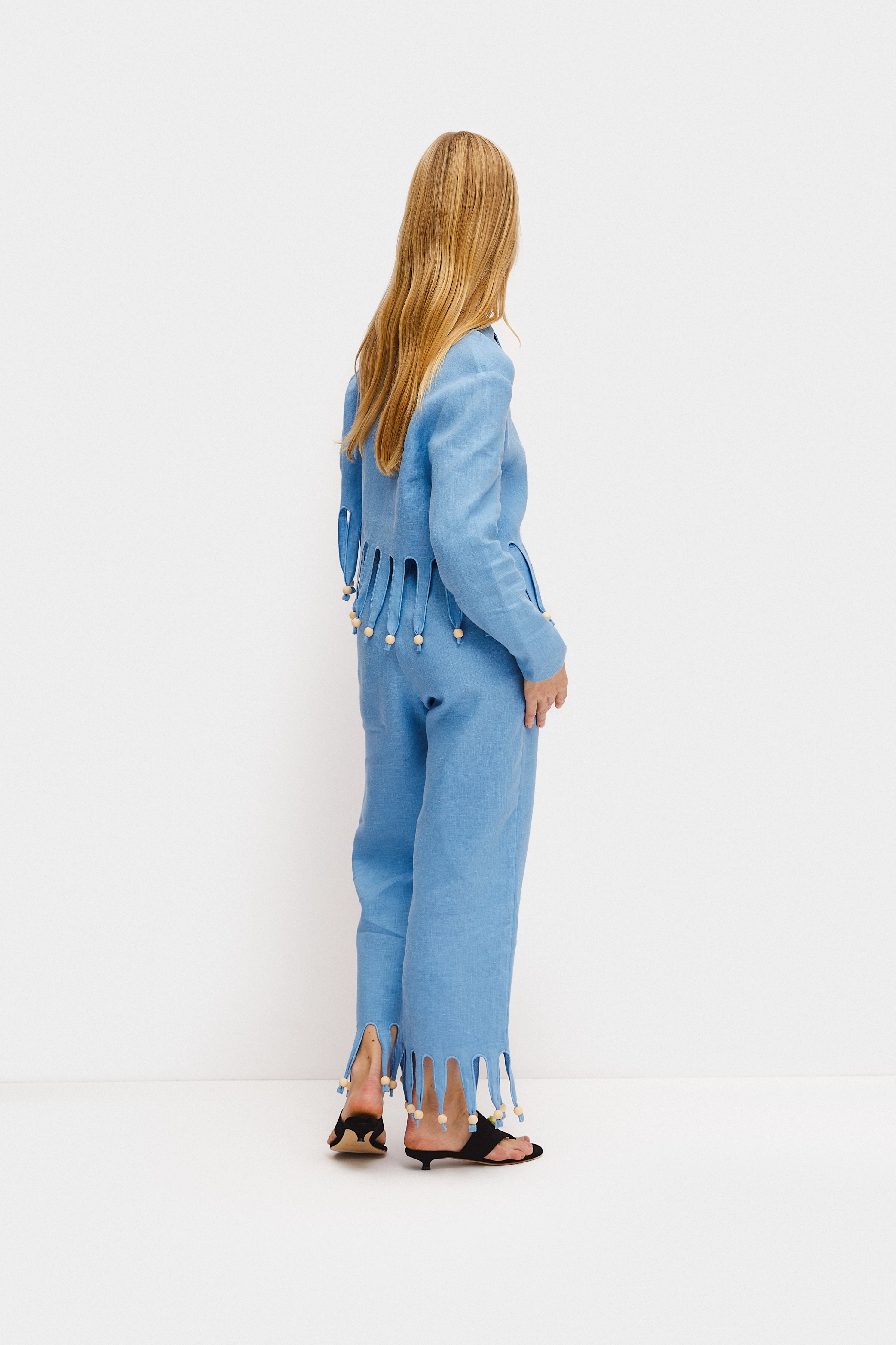 Lambada Fringed Linen Pants in Blue