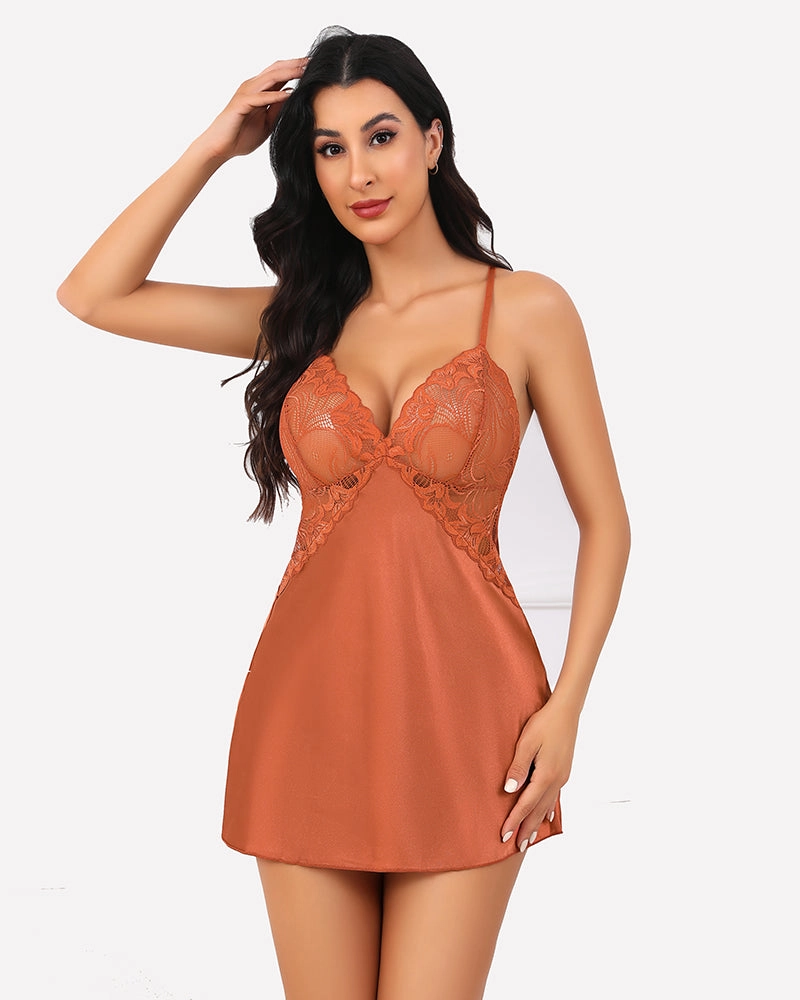 Leopard Print Satin Lingerie V Neck Lace Dress