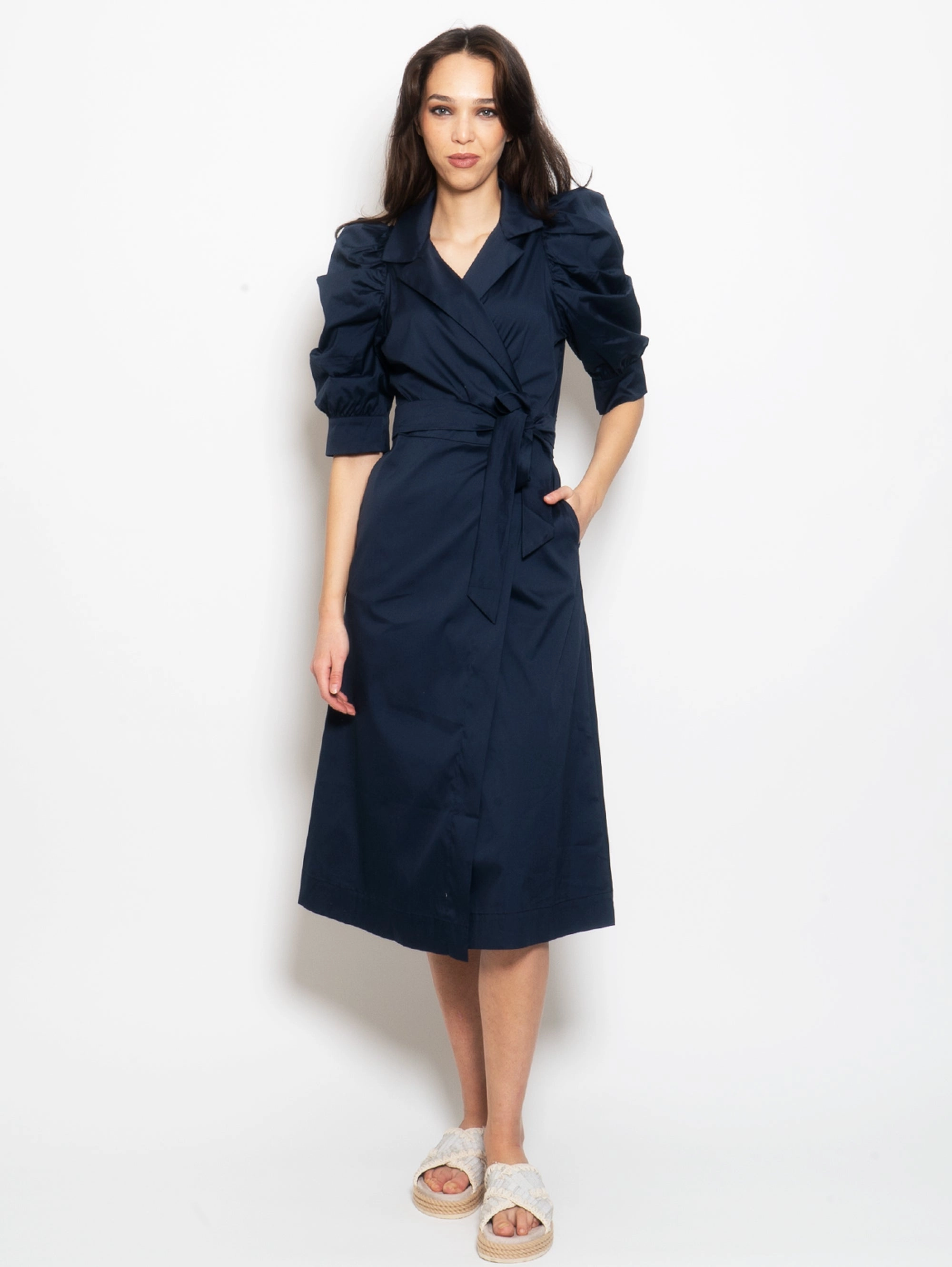 Long Dress with Short Blue Puff Sleeves