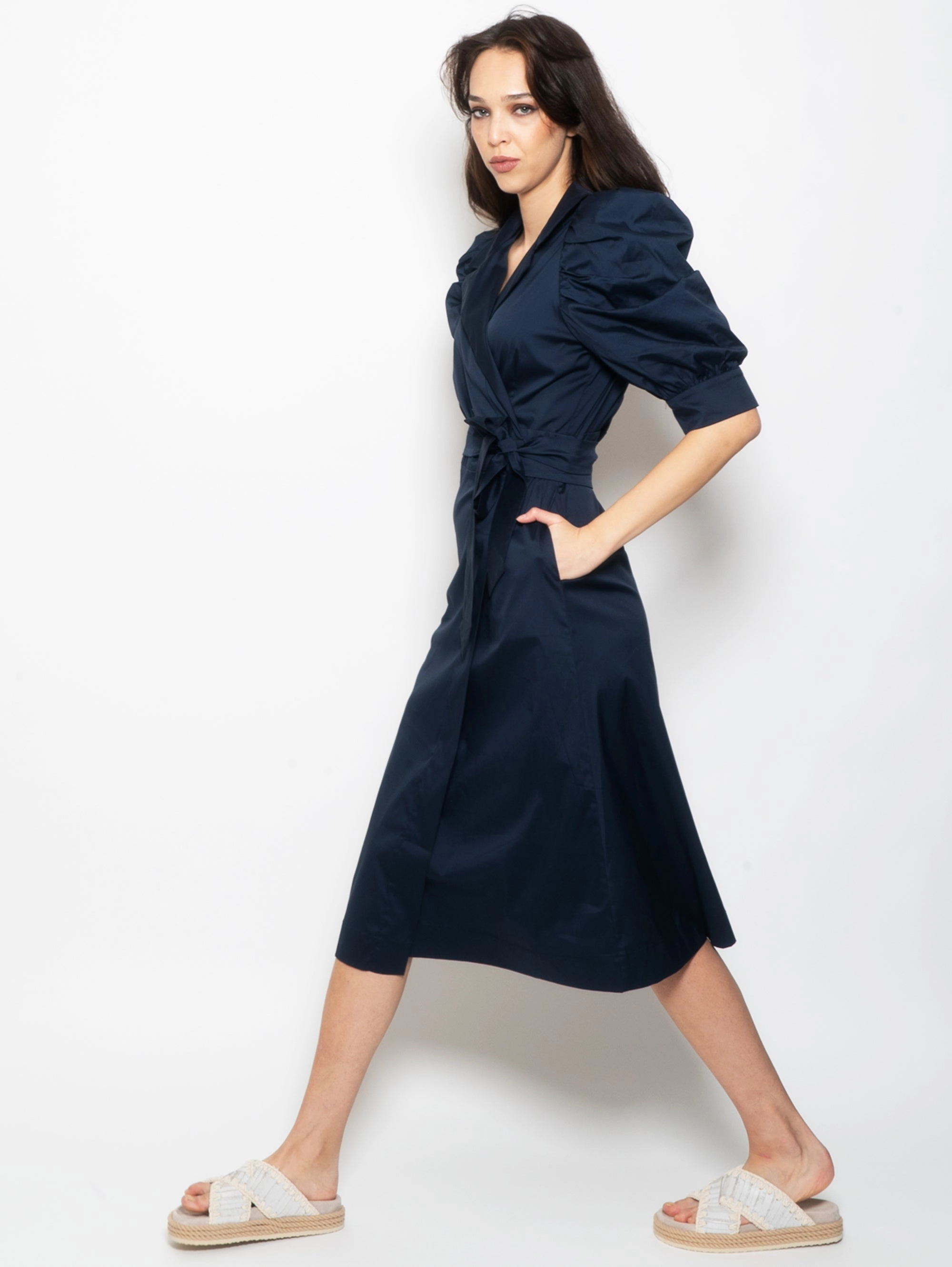 Long Dress with Short Blue Puff Sleeves