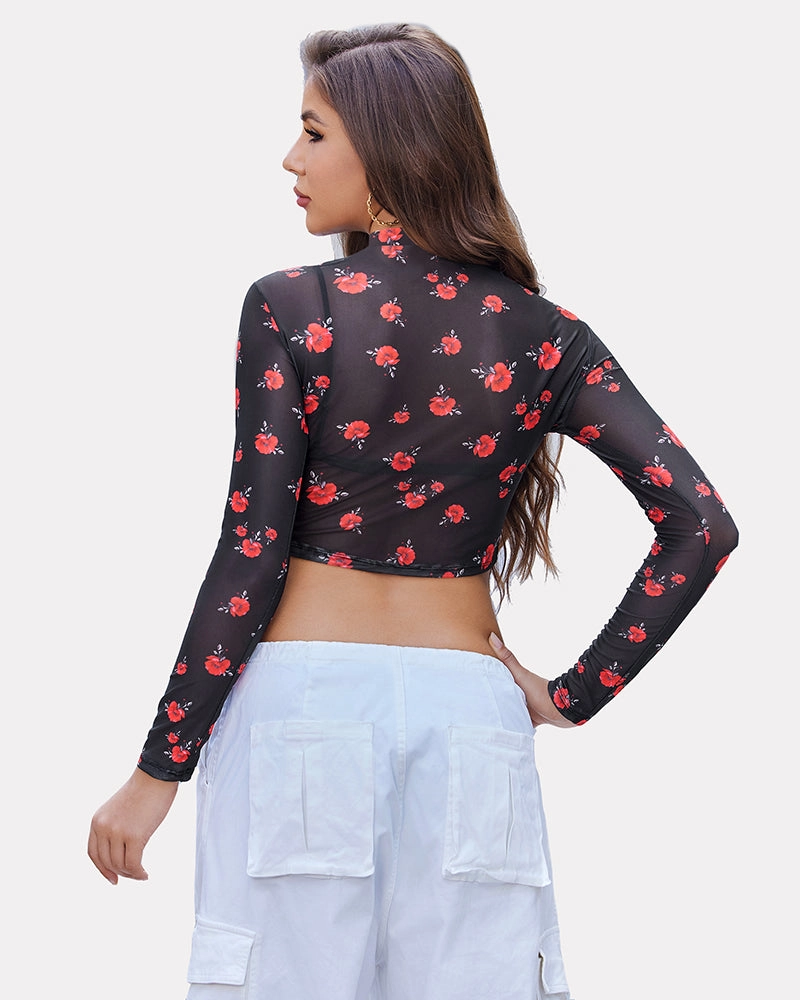 Long Sleeve Mock Neck Mesh Crop Top