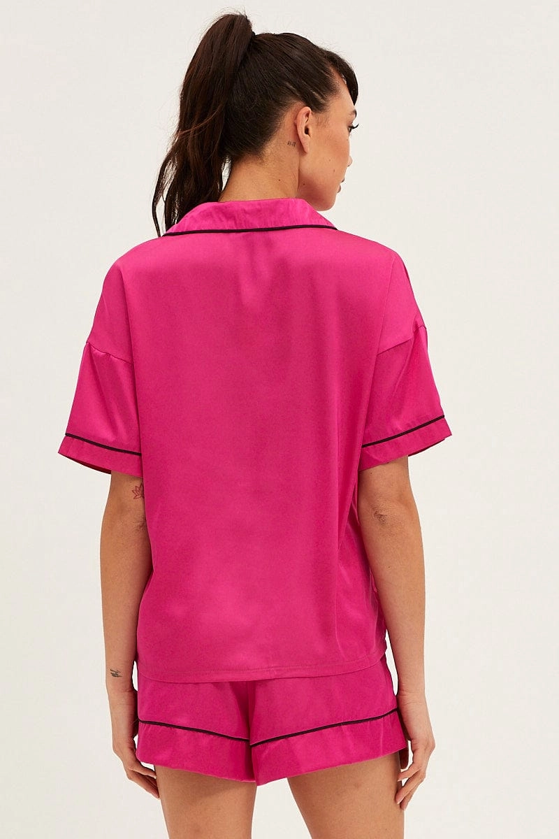 Pink Satin Pajamas Set Short Sleeve