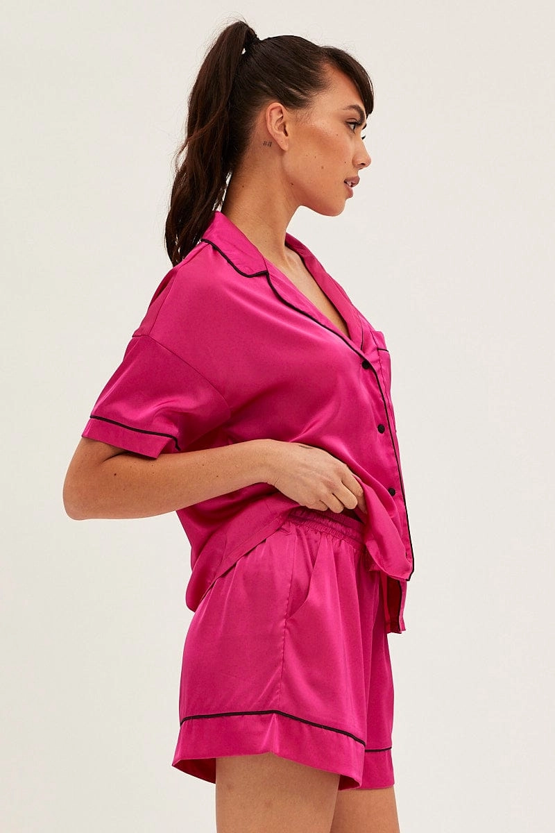 Pink Satin Pajamas Set Short Sleeve