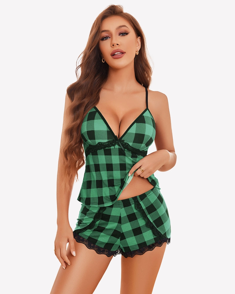 Plaid Pajamas Lace Trim Short Pjs Sets