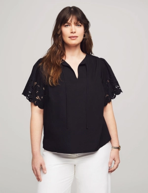 Plus Size Poplin Embroidered Flutter Sleeve Blouse- Sale
