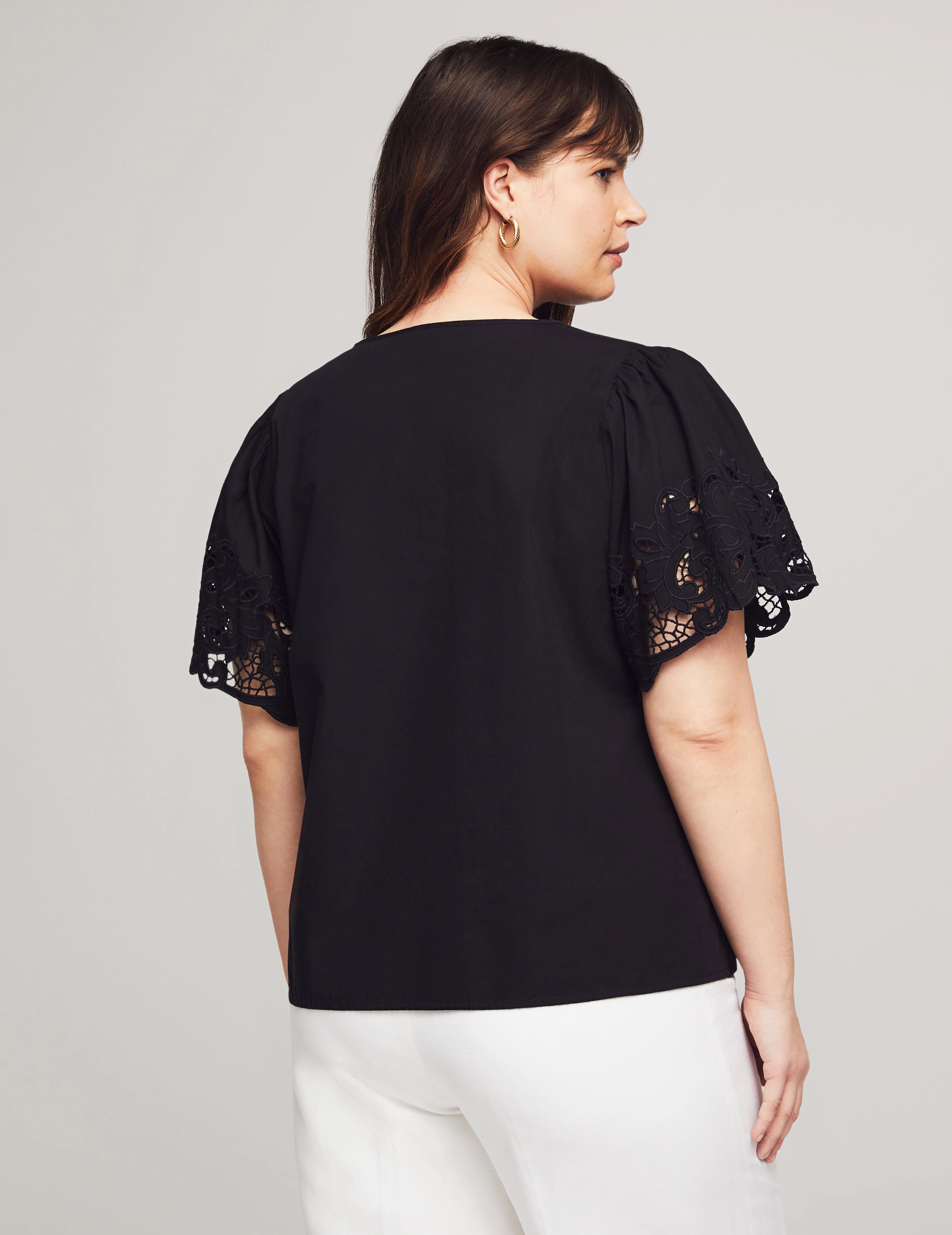 Plus Size Poplin Embroidered Flutter Sleeve Blouse- Sale