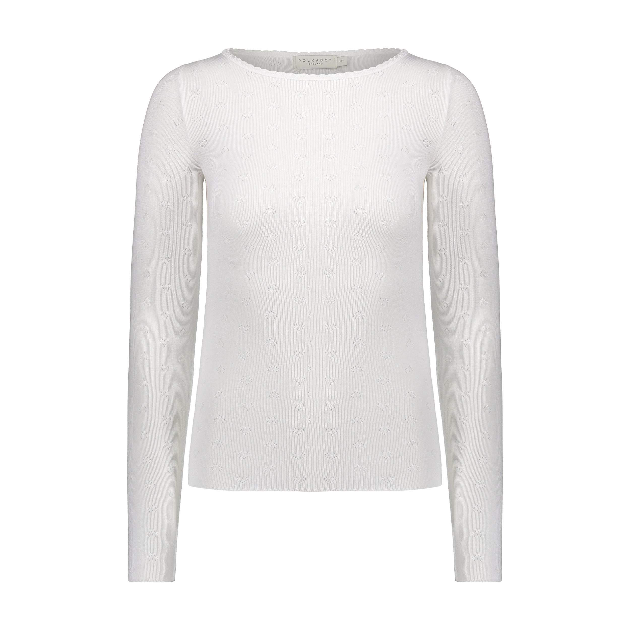Polkadot VAL CREW LS Pearl White Vintage Hearts w Scallop