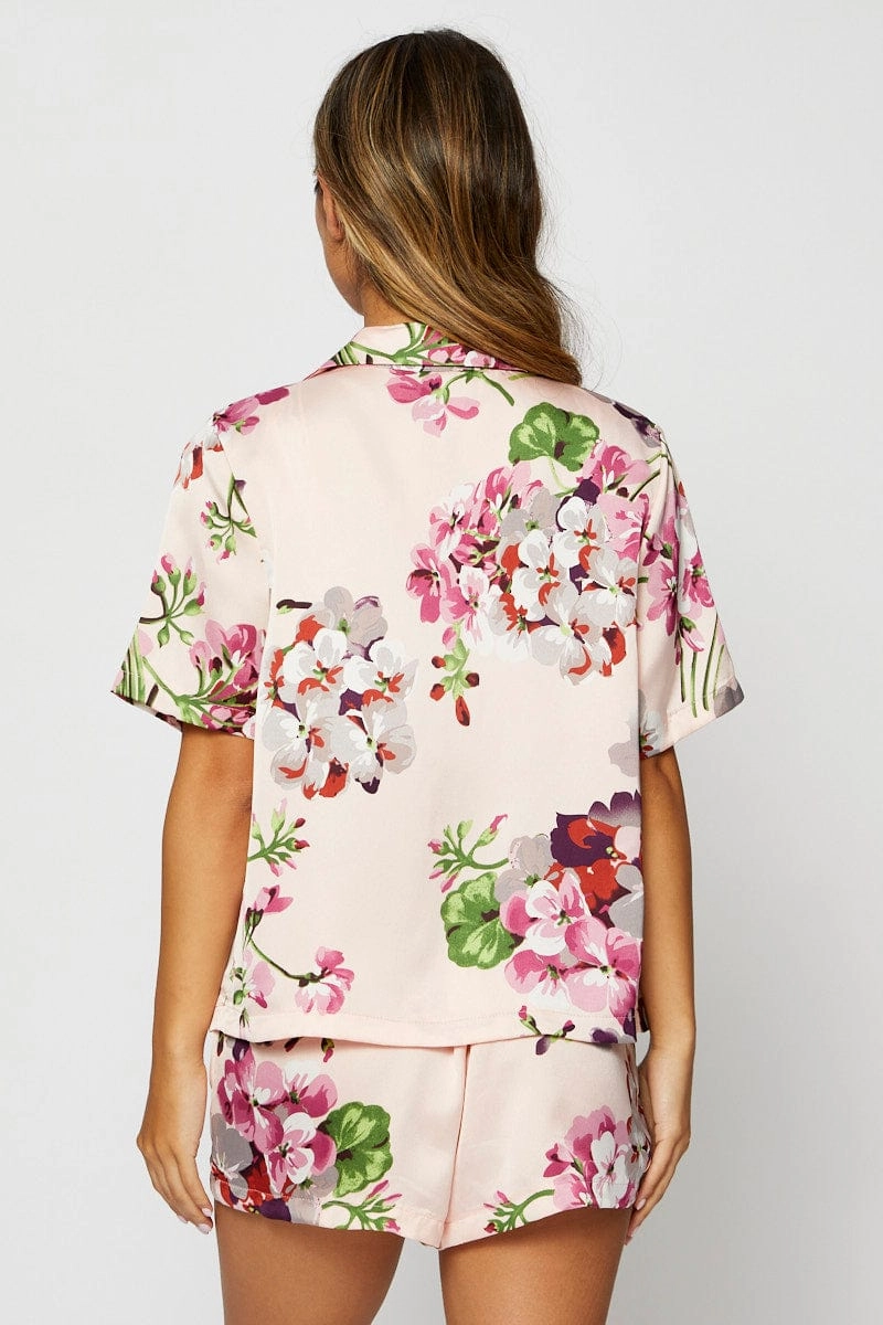 Print Satin Pajamas Set Short Sleeve
