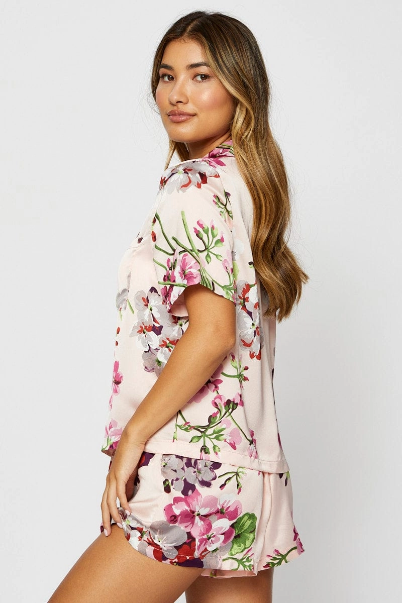 Print Satin Pajamas Set Short Sleeve