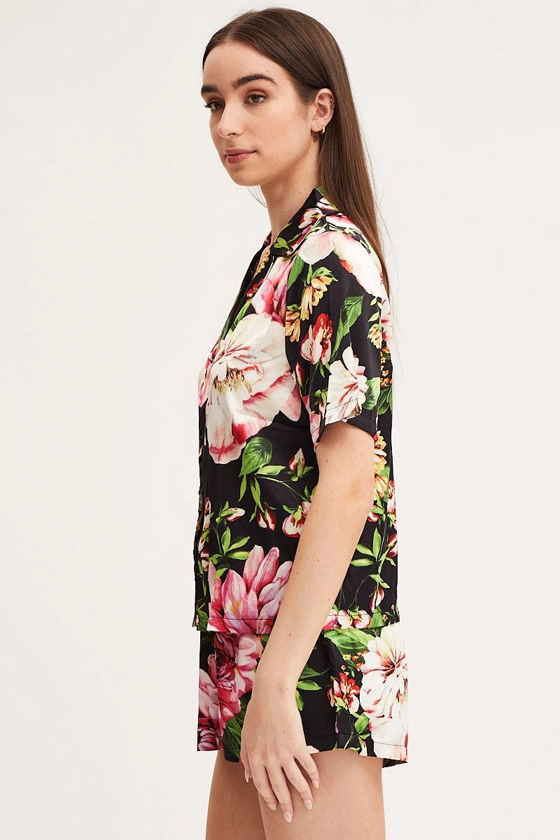 Print Satin Pajamas Set Short Sleeve