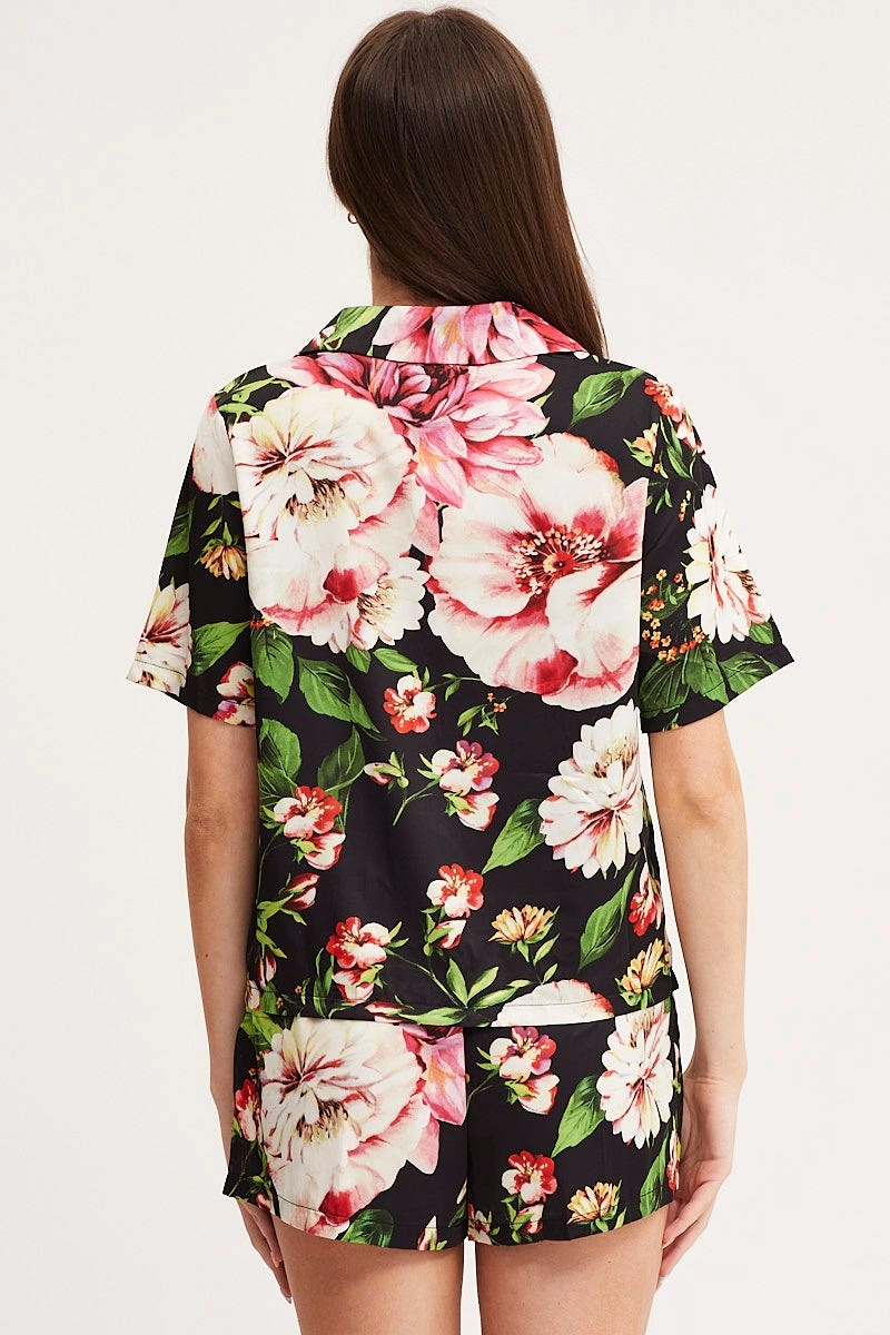 Print Satin Pajamas Set Short Sleeve