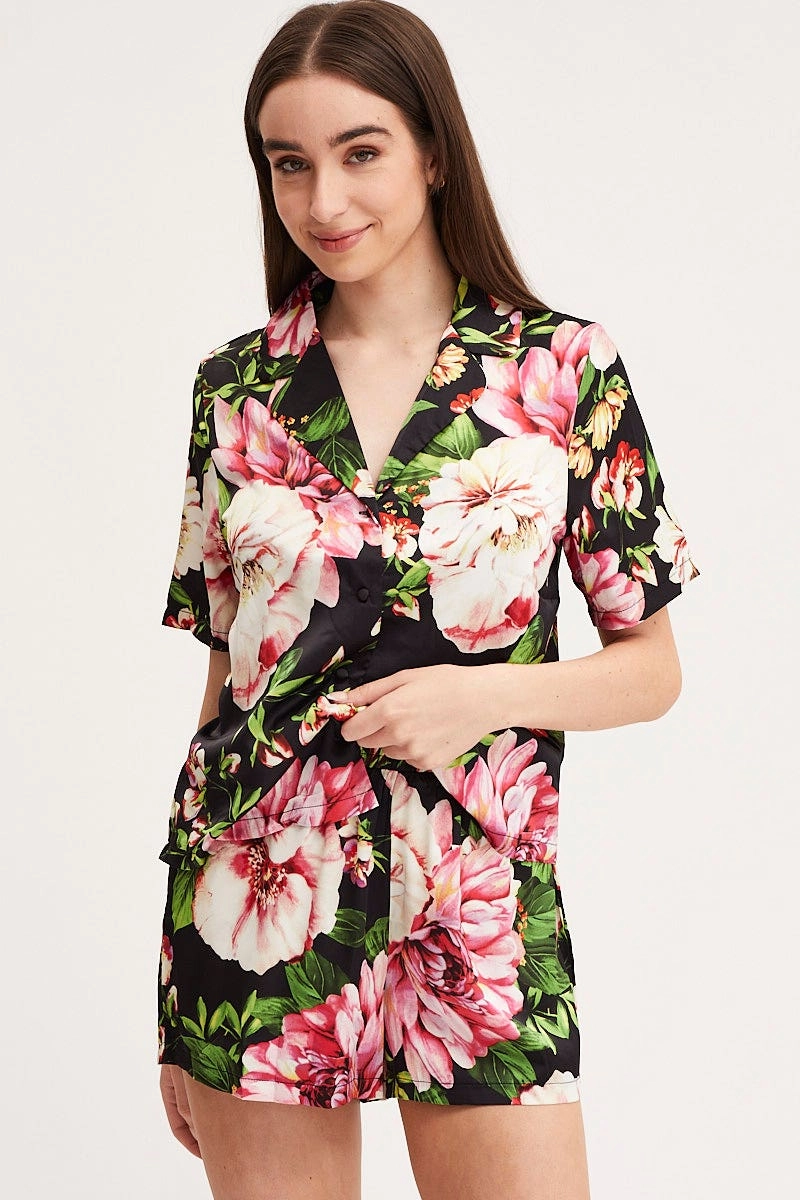 Print Satin Pajamas Set Short Sleeve
