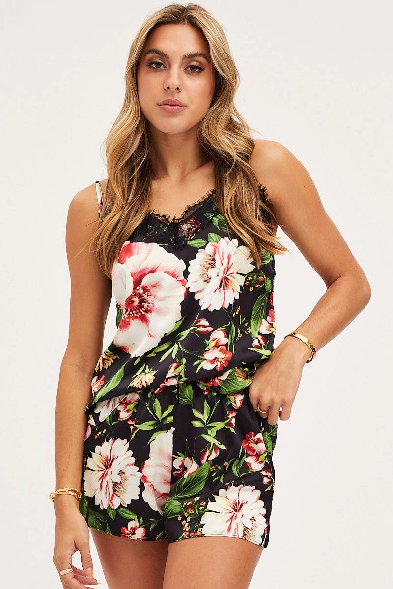 Print Satin Pajamas Set Sleeveless
