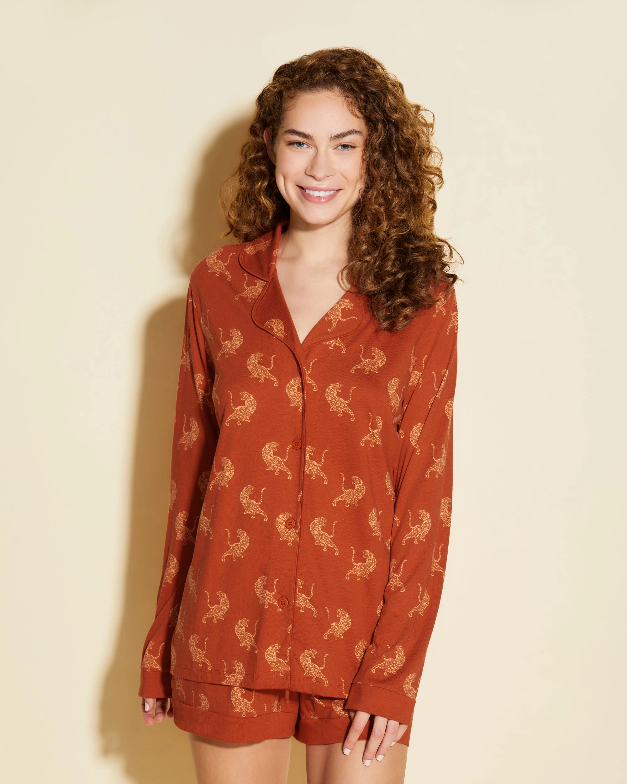 Printed Long Sleeve Top & Boxer Pajama Set