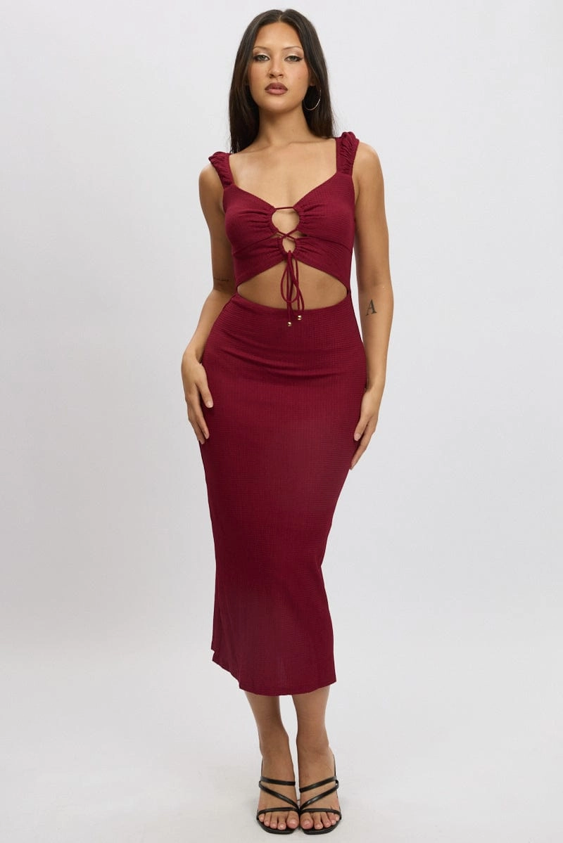 Red Bodycon Dress Textured Midi
