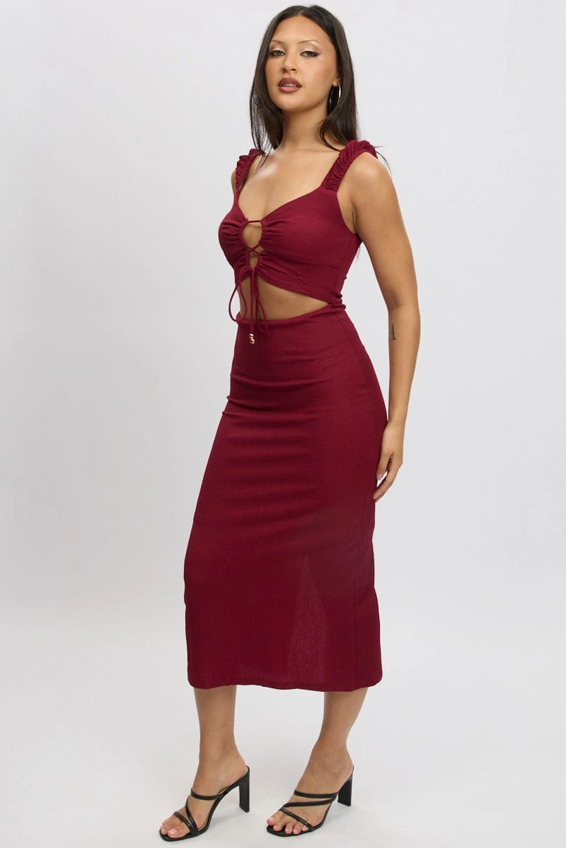 Red Bodycon Dress Textured Midi