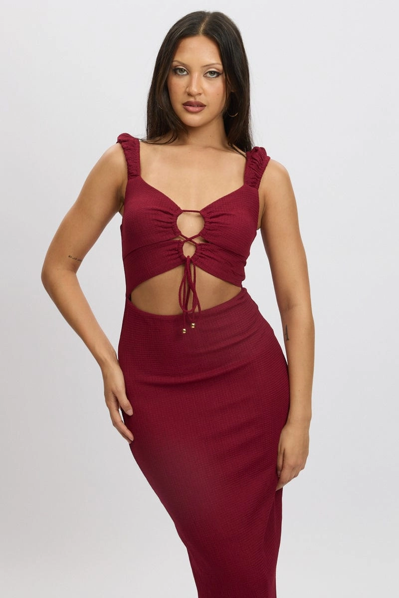 Red Bodycon Dress Textured Midi