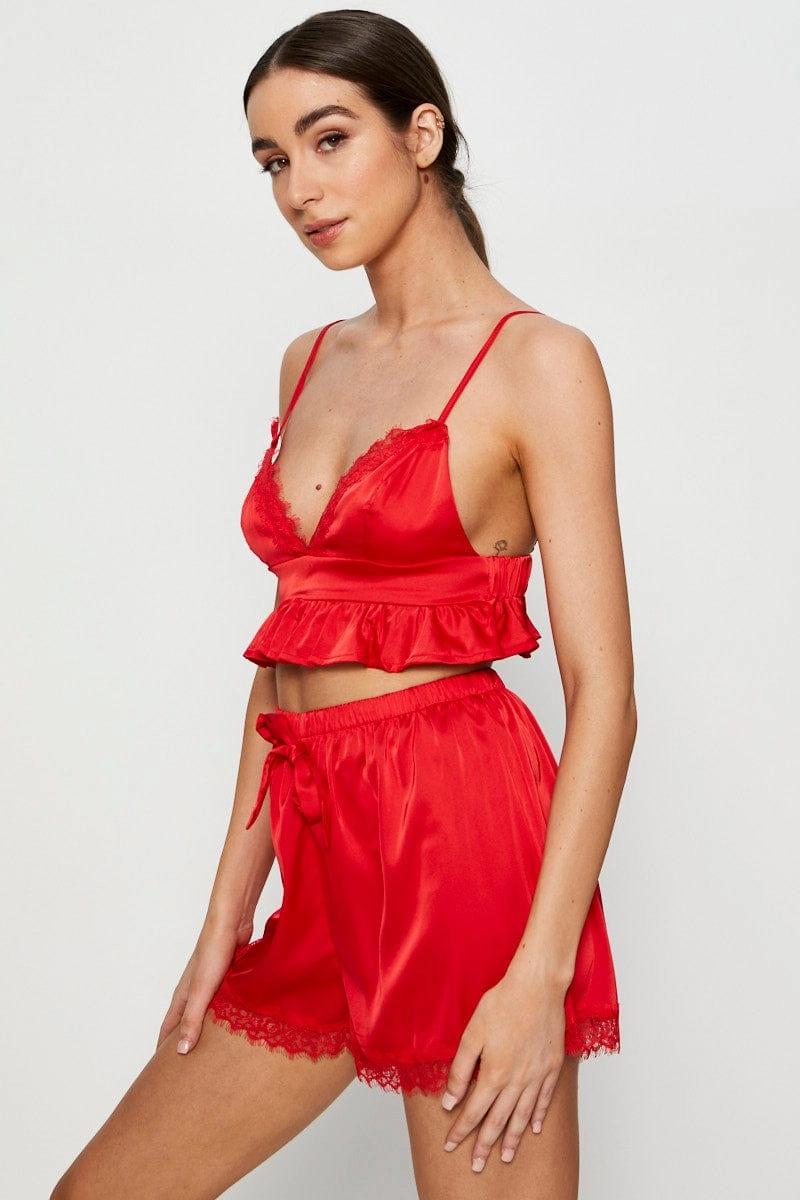 Red Satin Pajamas Set Sleeveless