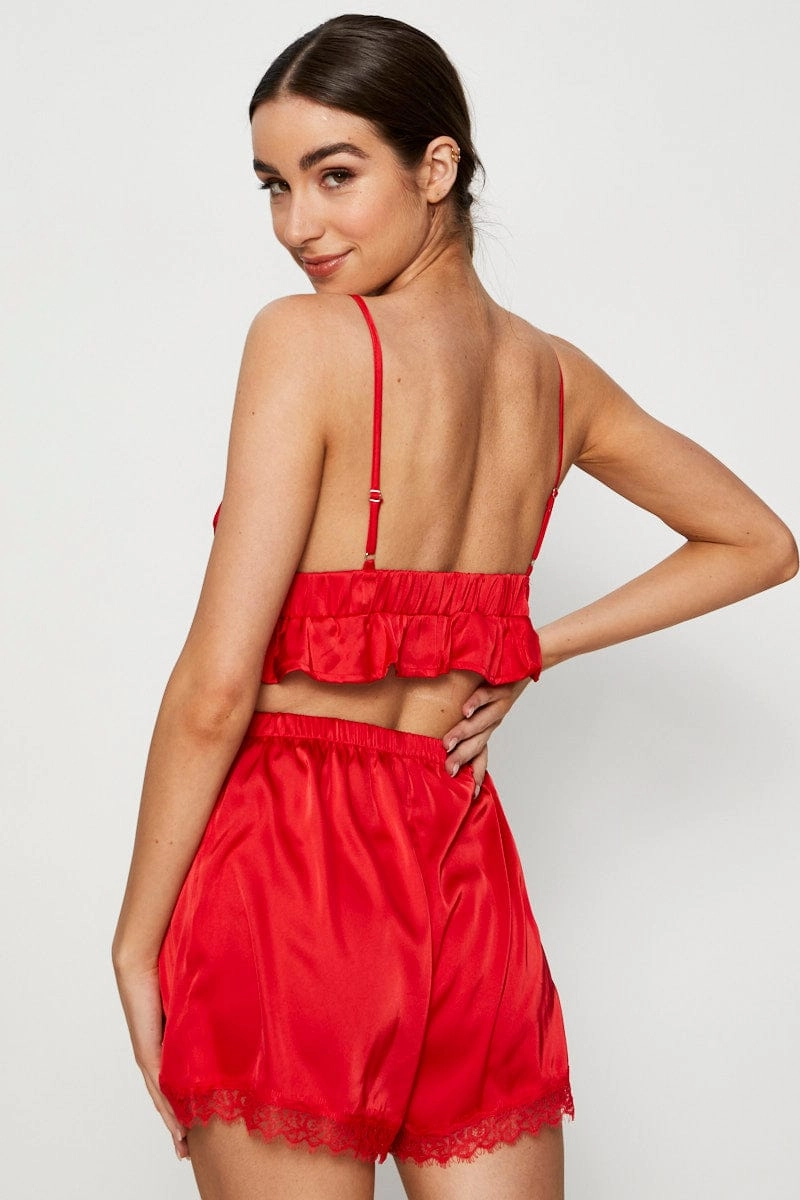 Red Satin Pajamas Set Sleeveless