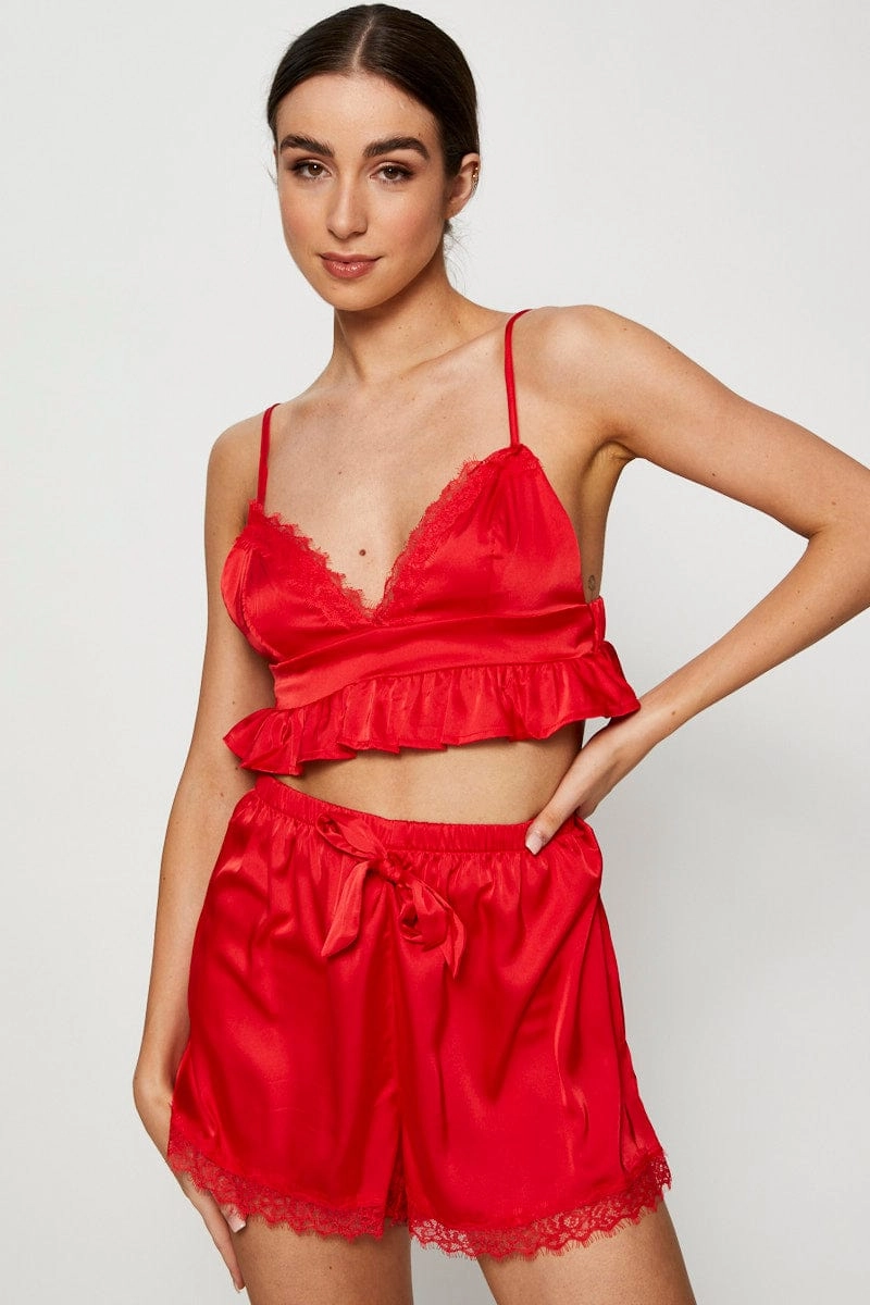 Red Satin Pajamas Set Sleeveless
